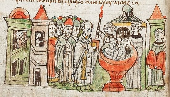 Крещение дружины князя Владимира. Миниатюра из Радзивиловской летописи
